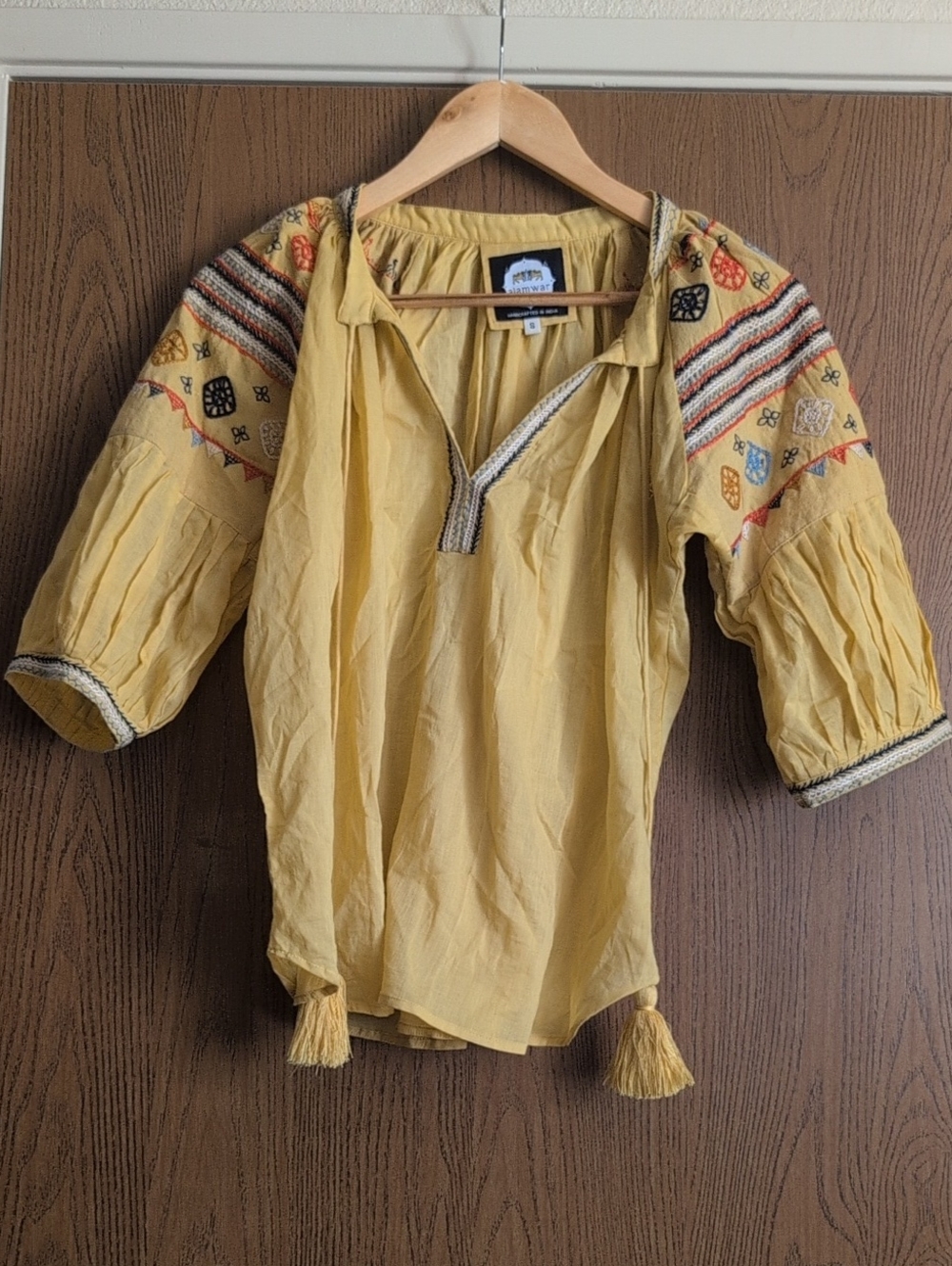 Alamwar Mustard Yellow Embroidered Puff-Sleeve Peasant Top